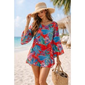 Vintage Mary McFadden USA Red Satin Mini Dress Tropical Resort Beach Cover Up S